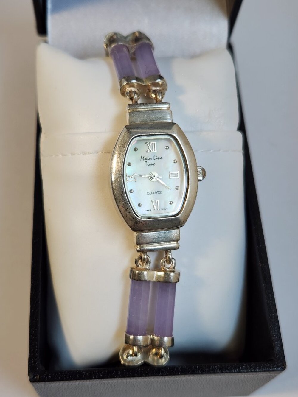 Vintage 1990s Natural Jade Amethyst Mother of Pearl 925 Silver Watch Bracelet